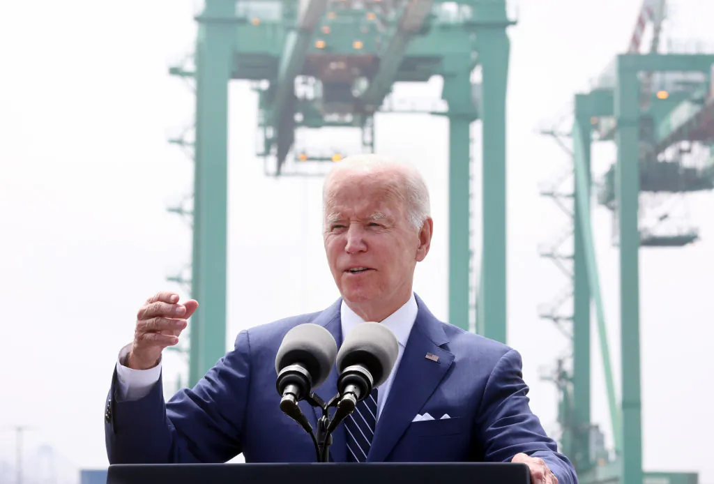 U.S. President Joe Biden delivers remarks aboard the Battleship USS Iowa Museum at the Port of Los Angeles on June 10, 2022 (Mario Tama/Getty Images)