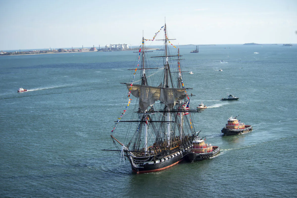 The U.S.S. Constitution is underway near the Boston harbor, in October 2021. (U.S. Navy Photo by Mass Communication Specialist 3rd Class Alec Kramer)