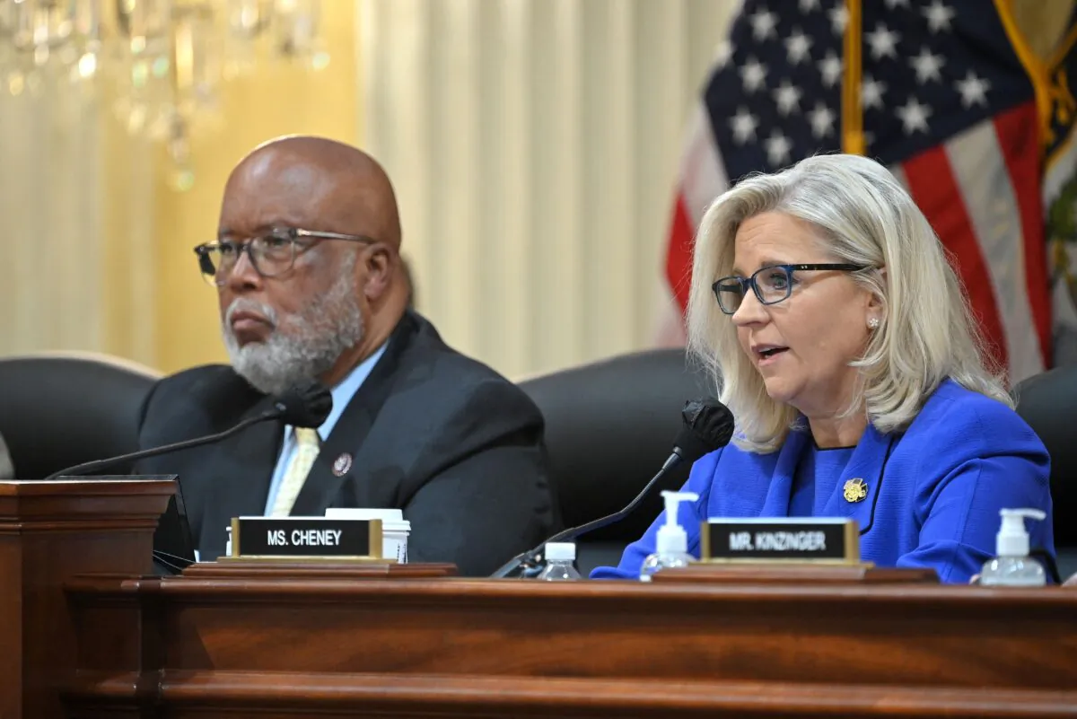Rep. Liz Cheney (R-Wyo.) (R) speaks flanked by Rep. Bennie Thompson (D-Miss.), chairman of the House committee investigating the Capitol breach, during a Jan. 6 committee hearing in the Cannon House Office Building on Capitol Hill in Washington on June 9, 2022. (Mandel Ngan/AFP via Getty Images)