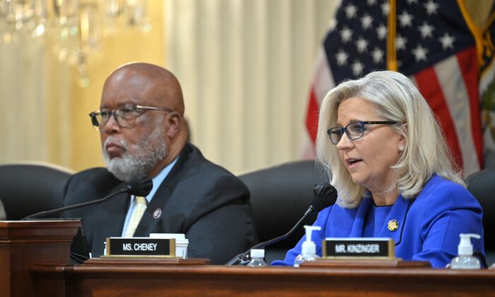 Rep. Liz Cheney (R-Wyo.) (R) speaks flanked by Rep. Bennie Thompson (D-Miss.), chairman of the House committee investigating the Capitol breach, during a Jan. 6 committee hearing in the Cannon House Office Building on Capitol Hill in Washington on June 9, 2022. (Mandel Ngan/AFP via Getty Images)