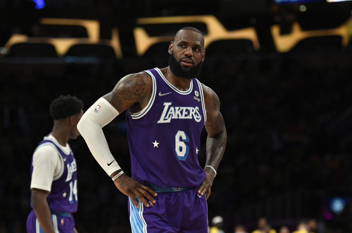 LeBron James #6 of the Los Angeles Lakers reacts in the closing seconds of the game against the New Orleans Pelicans at Crypto.com Arena in Los Angeles, Calif. on April 1, 2022. (Kevork Djansezian/Getty Images)