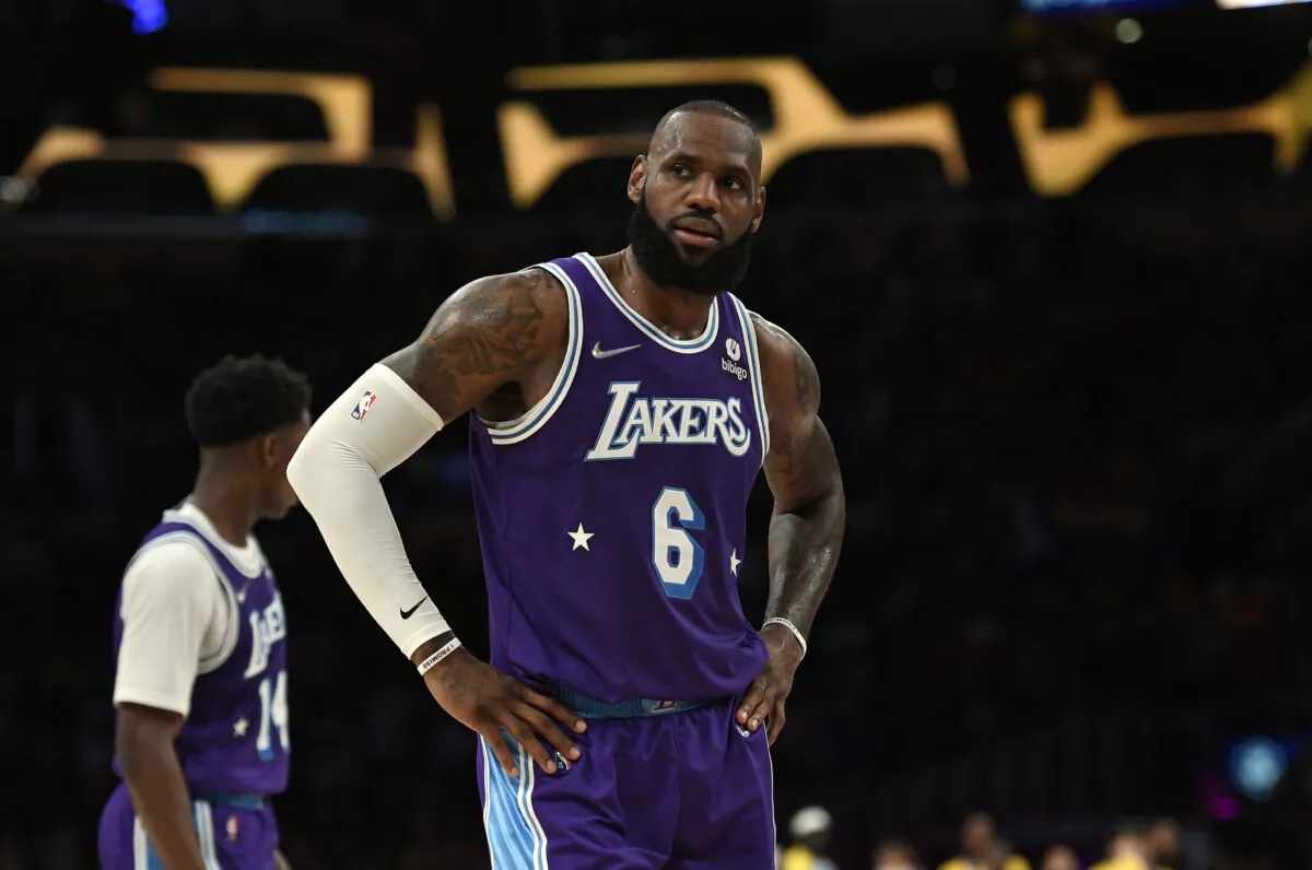 LeBron James #6 of the Los Angeles Lakers reacts in the closing seconds of the game against the New Orleans Pelicans at Crypto.com Arena in Los Angeles, Calif. on April 1, 2022. (Kevork Djansezian/Getty Images)