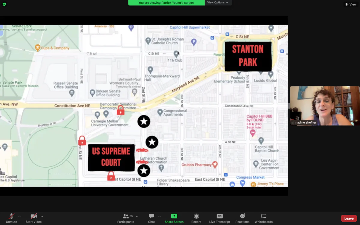 Activists display their plan to blockade the U.S. Supreme Court in Washington, at an online meeting on June 10, 2022. (Jackson Elliott/The Epoch Times)