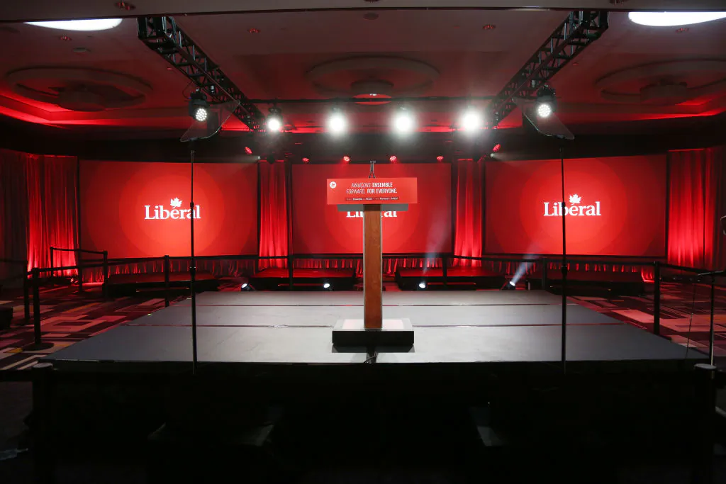 A general view of the podium at the Liberals' election night headquarters on Sept. 20, 2021. (Dave Chan/Getty Images)