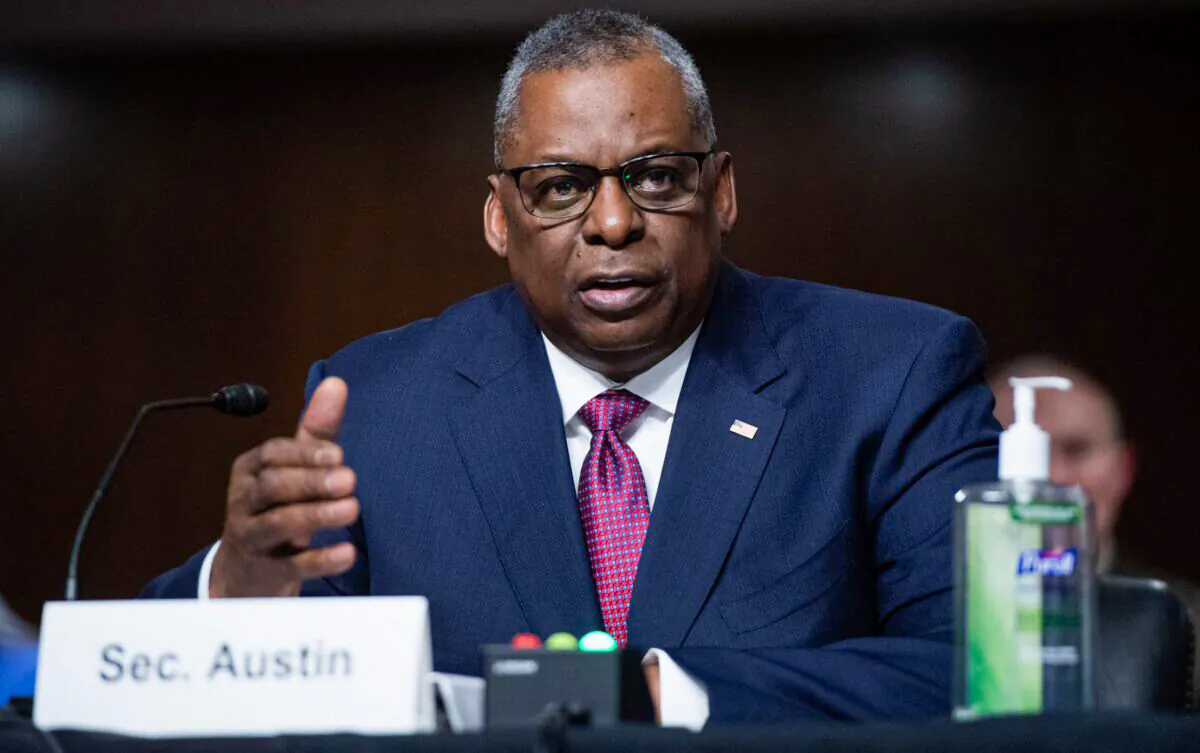 Secretary of Defense Lloyd Austin III testifies during a Senate Armed Services Committee hearing on Capitol Hill in Washington, on April 7, 2022. (Saul Loeb/AFP via Getty Images)