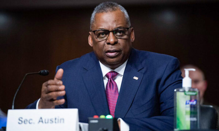 Secretary of Defense Lloyd Austin testifies during a Senate Armed Services Committee hearing on Capitol Hill in Washington, on April 7, 2022. (Saul Loeb/AFP via Getty Images)