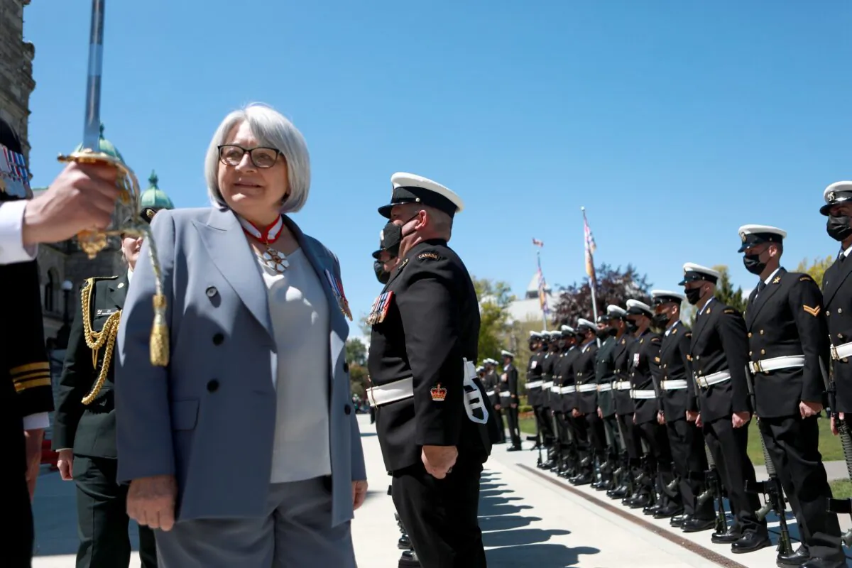 Gov. Gen. Mary Simon inspects members of the Guard of Honour comprised of 50 members of the Maritime Forces Pacific, at the legislature in Victoria, B.C., on May 20, 2022. (The Canadian Press/Chad Hipolito)
