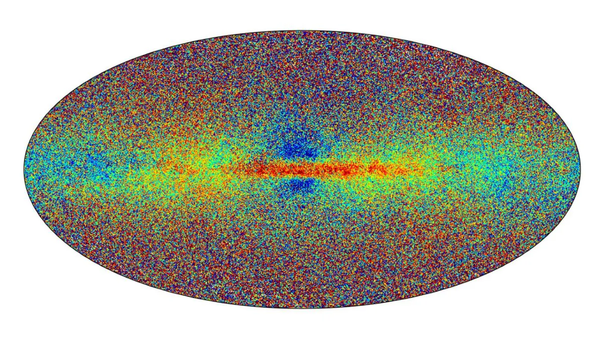 A sample of the Milky Way stars in Gaia’s data release 3 in a handout released on June 13, 2022. The color indicates the stellar metallicity. Redder stars are richer in metals. (ESA Handout via AP)