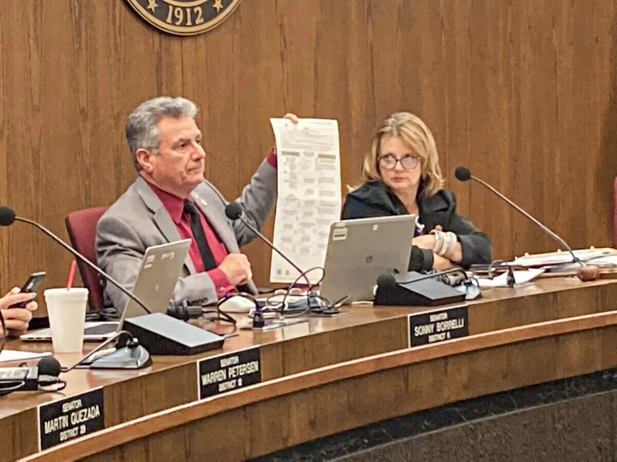 Arizona State Sen. Sonny Borrelli (R) holds up a sample of the current ballot at a hearing of the Arizona Committee on Government in Phoenix on Jan. 24, 2022. Borrelli is lead sponsor of a bill to establish currency-grade ballot security measures. (Allan Stein/The Epoch Times)