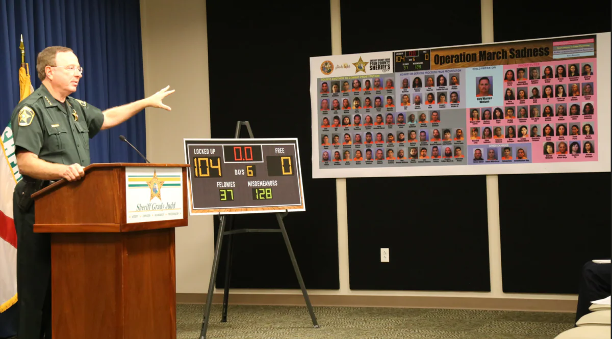 At a March 16 press conference, Sheriff Grady Judd shares that 108 people were arrested by the Polk County Sheriff’s Office Vice Unit during a six-day undercover human trafficking operation, "Operation March Sadness 2,"  which began on March 8, 2022. (Courtesy of the Polk County Sheriff's Department) 