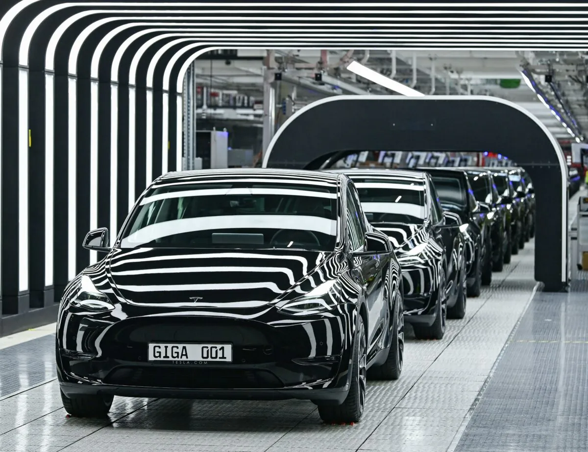 A line of electric vehicles of the Model Y during the start of the production at Tesla's "Gigafactory" in Gruenheide, southeast of Berlin, on March 22, 2022. (Patrick Pleul/Pool/AFP via Getty Images)