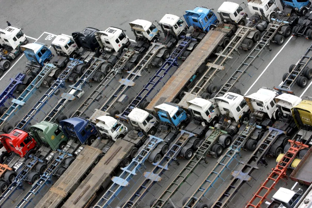 Trucks parked at the southern port of Busan, 450 kilometers southeast of Seoul, South Korea, on June 17, 2008. (Byun Yeong-Wook/AFP via Getty Images)