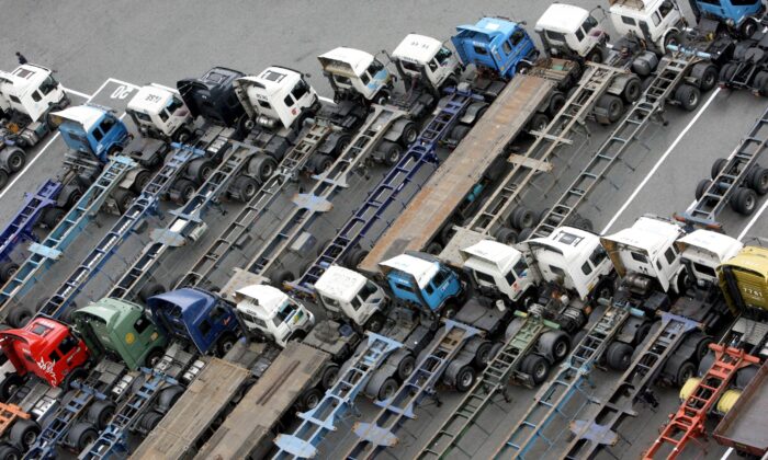 Trucks parked at the southern port of Busan, 450 kilometers southeast of Seoul, South Korea, on June 17, 2008. (Byun Yeong-Wook/AFP via Getty Images)