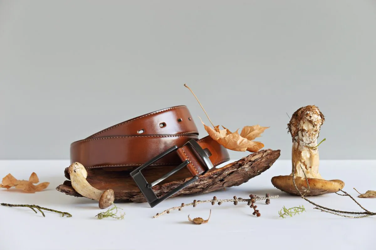 A vegan leather belt made from mycelium fiber, fungal spores, and plant fibers. (Losangela/Shutterstock)
