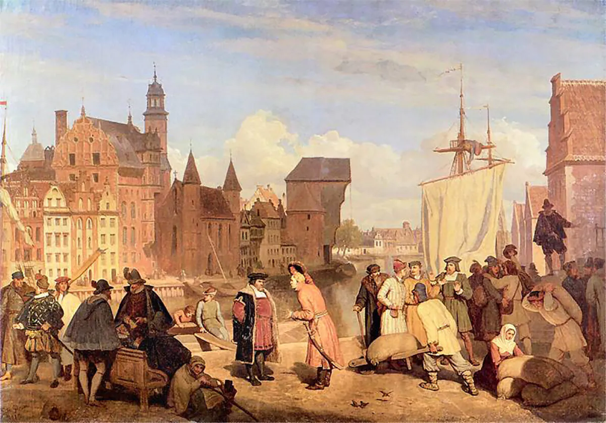 The advent of prosperity in the West came from trade. "Danzig in the 17th century, a port of the Hanseatic League" by Wojciech Gerson. (Public Domain)