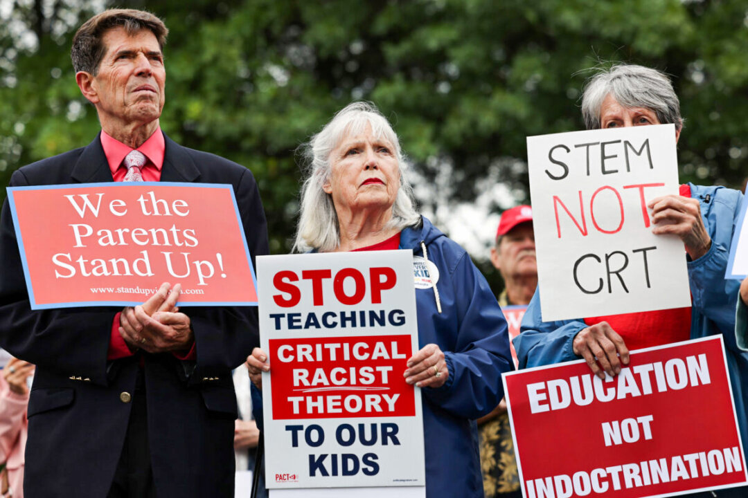 Opponents of critical race theory protest outside of the Loudoun County School Board headquarters in Ashburn, Va., on June 22, 2021. (Evelyn Hockstein/Reuters)