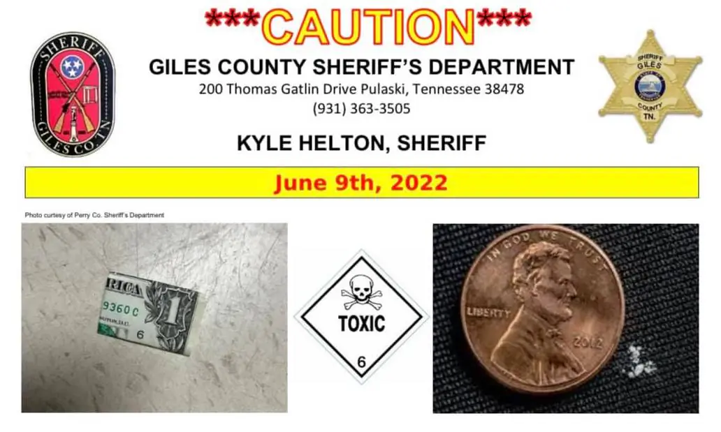 A public safety notice issued by the Giles County Sheriff's Department on Facebook about folder dollar bills containing fentanyl, obtained on June 14, 2022. (Giles County Sheriff's Department)