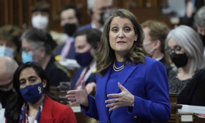 Finance Minister Chrystia Freeland answers questions after tabling the federal budget in the House of Commons in Ottawa on April 7, 2022. (The Canadian Press/Adrian Wyld)