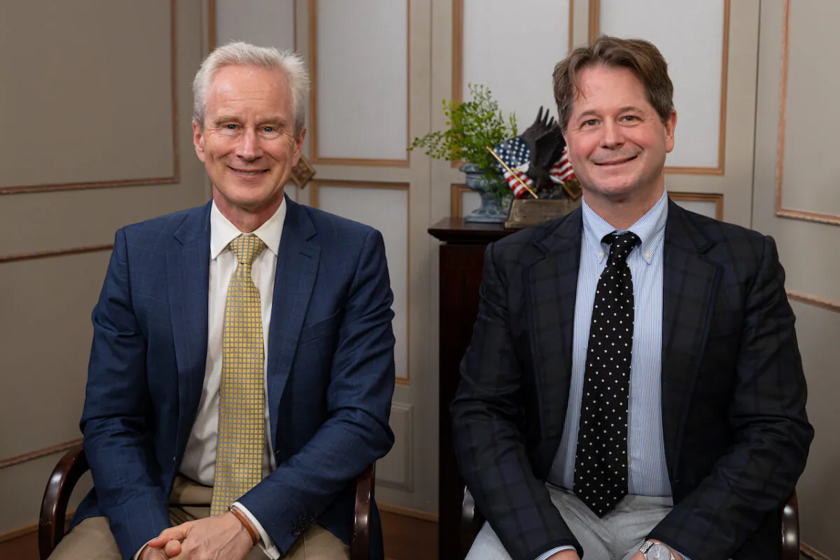 Cardiologist and epidemiologist Dr. Peter McCullough (L) and John Leake, co-authors of “The Courage to Face COVID-19: Preventing Hospitalization and Death While Battling the Bio-Pharmaceutical Complex,” in Washington on May 31, 2022. (Matthew Pearson/CPI Studios)