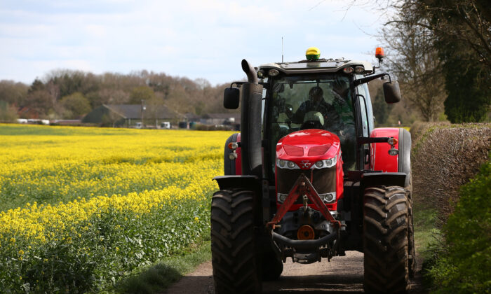 A tractor at a farm in Harpenden, England on April 8, 2022. (Hollie Adams/Getty Images)