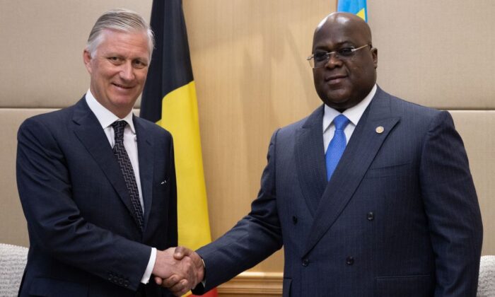King Philippe of Belgium and DRC Congo President Felix Tshisekedi pictured during a meeting at the Palais de la Nation, in Kinshasa, during an official visit of the Belgian Royal couple to the Democratic Republic of Congo, on June 8, 2022. (Benoit Doppagne/Belga Mag/AFP via Getty Images)