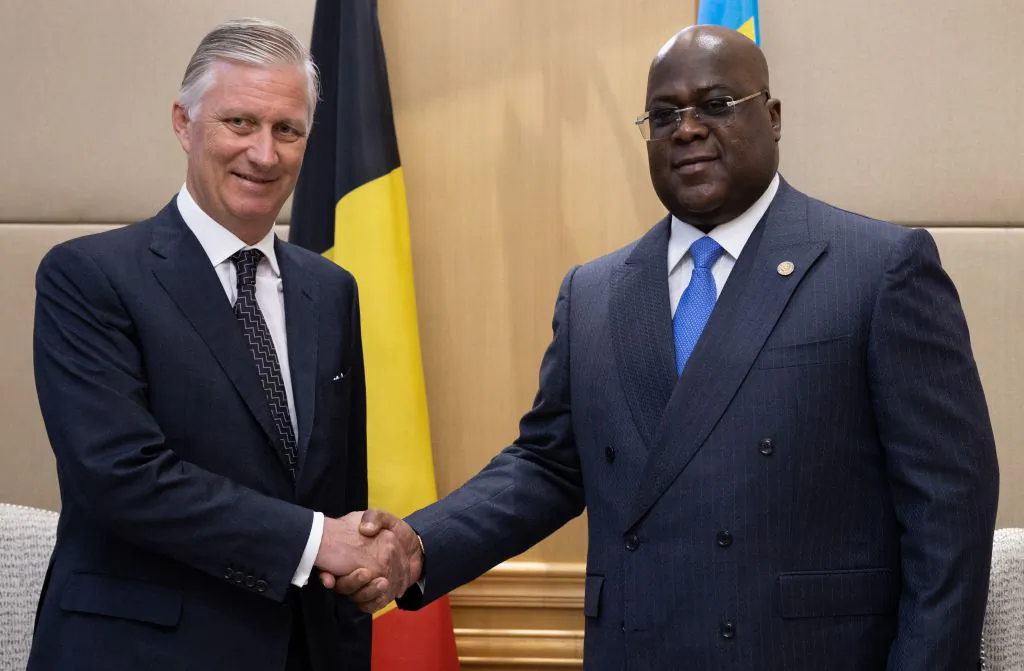 King Philippe of Belgium and DRC Congo President Felix Tshisekedi pictured during a meeting at the Palais de la Nation, in Kinshasa, during an official visit of the Belgian Royal couple to the Democratic Republic of Congo, on June 8, 2022. (Benoit Doppagne/Belga Mag/AFP via Getty Images)