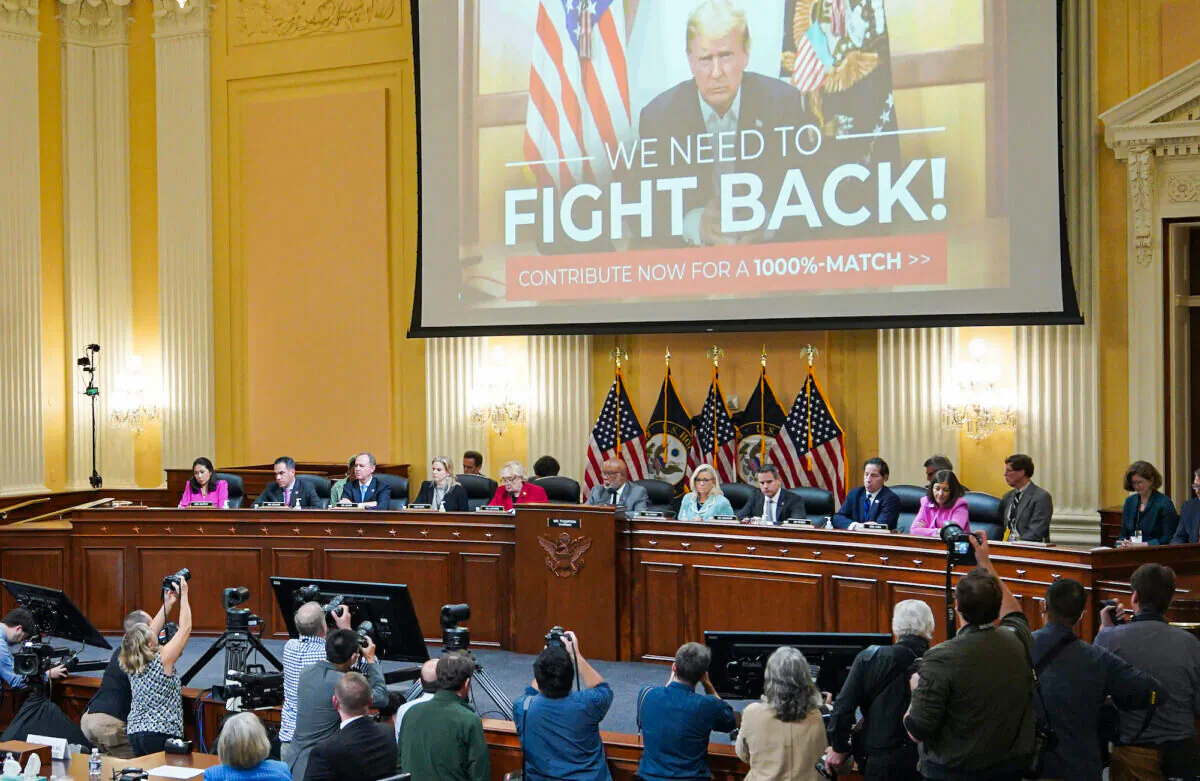 A video of former U.S. President Donald Trump is seen on a screen at the second hearing held by the Jan. 6 Committee on Capitol Hill in Washington on June 13, 2022. (Mandel Ngan/Getty Images)