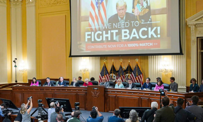 A video of former U.S. President Donald Trump is seen on a screen at the second hearing held by the Jan. 6 Committee on Capitol Hill in Washington on June 13, 2022. (Mandel Ngan/Getty Images)