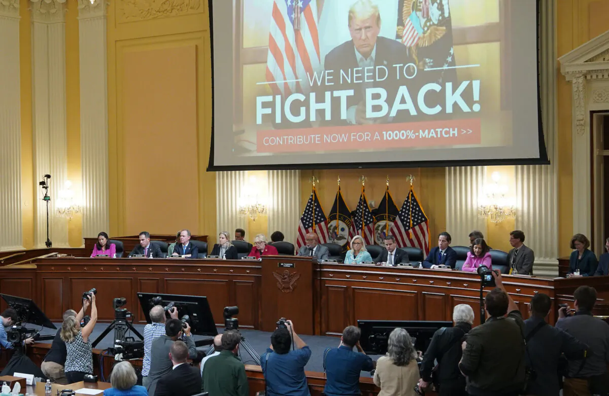 A video of former U.S. President Donald Trump is seen on a screen at the second hearing held by the Jan. 6 Committee on Capitol Hill in Washington on June 13, 2022. (Mandel Ngan-Pool/Getty Images)