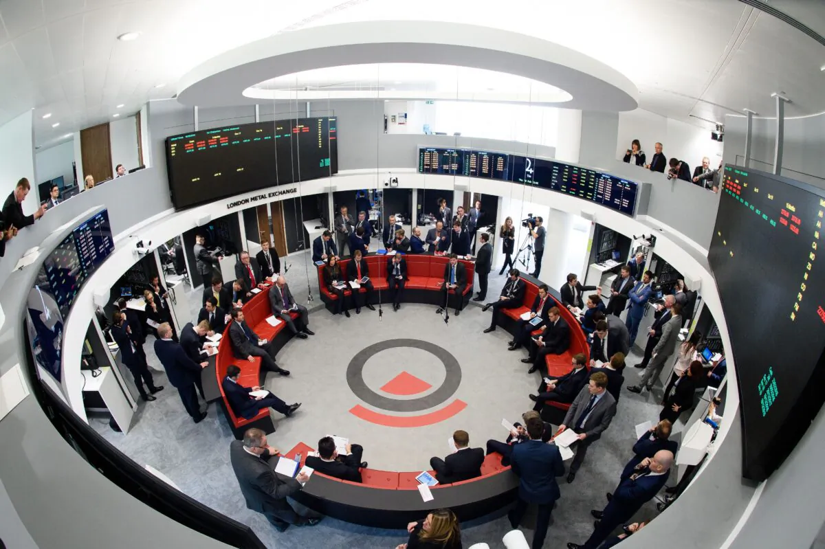Traders operate in the Ring, the open trading floor of the new London Metal Exchange (LME) in central London on Feb. 18, 2016.
The Ring has provided a transparent and robust price-discovery process for the global metals industry for 139 years. (Leon Neal/AFP via Getty Images)