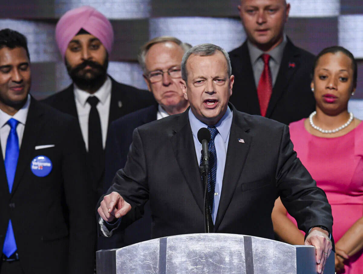 Gen. John Allen (ret. USMC), former Commander, International Security Assistance Forces, and Commander, U.S. Forces–Afghanistan, addresses delegates on the fourth and final day of the Democratic National Convention at Wells Fargo Center in Philadelphia on July 28, 2016. (Saul Loeb/AFP via Getty Images)
