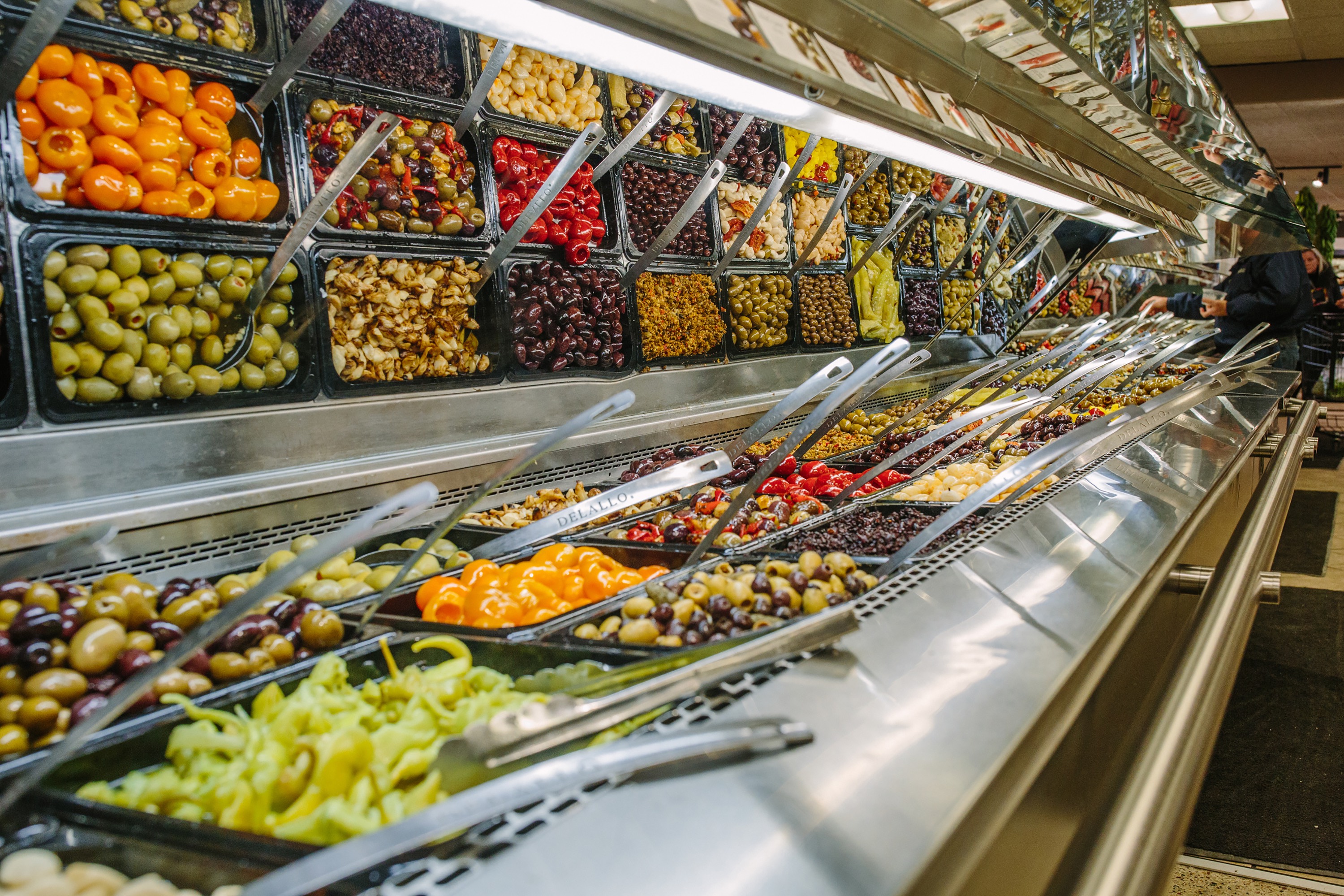 The olive bar at DeLallo Italian Marketplace