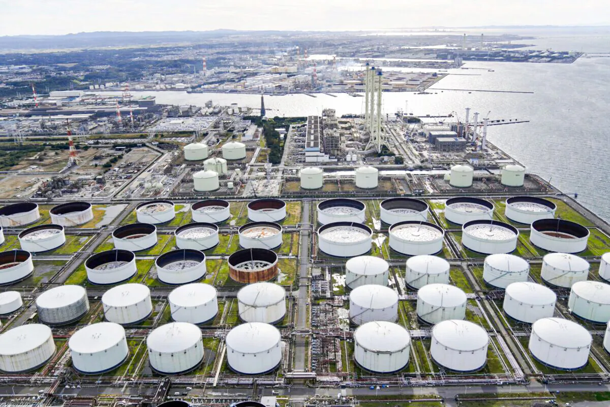 An aerial view shows an oil factory of Idemitsu Kosan Co. in Ichihara, east of Tokyo, Japan, on Nov. 12, 2021. (Kyodo/via Reuters)