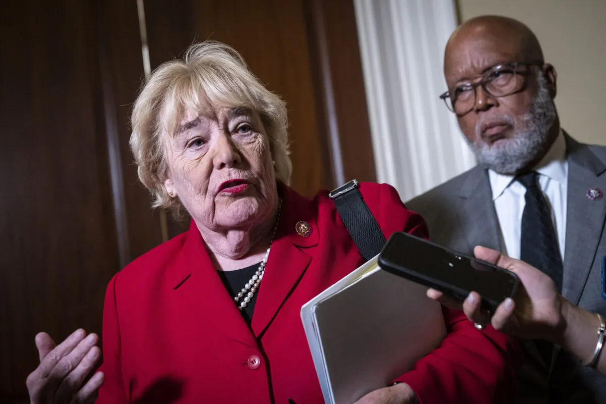 Rep. Zoe Lofgren (D-Calif.) speaks to reporters in Washington on Jan. 14, 2022. (Drew Angerer/Getty Images)