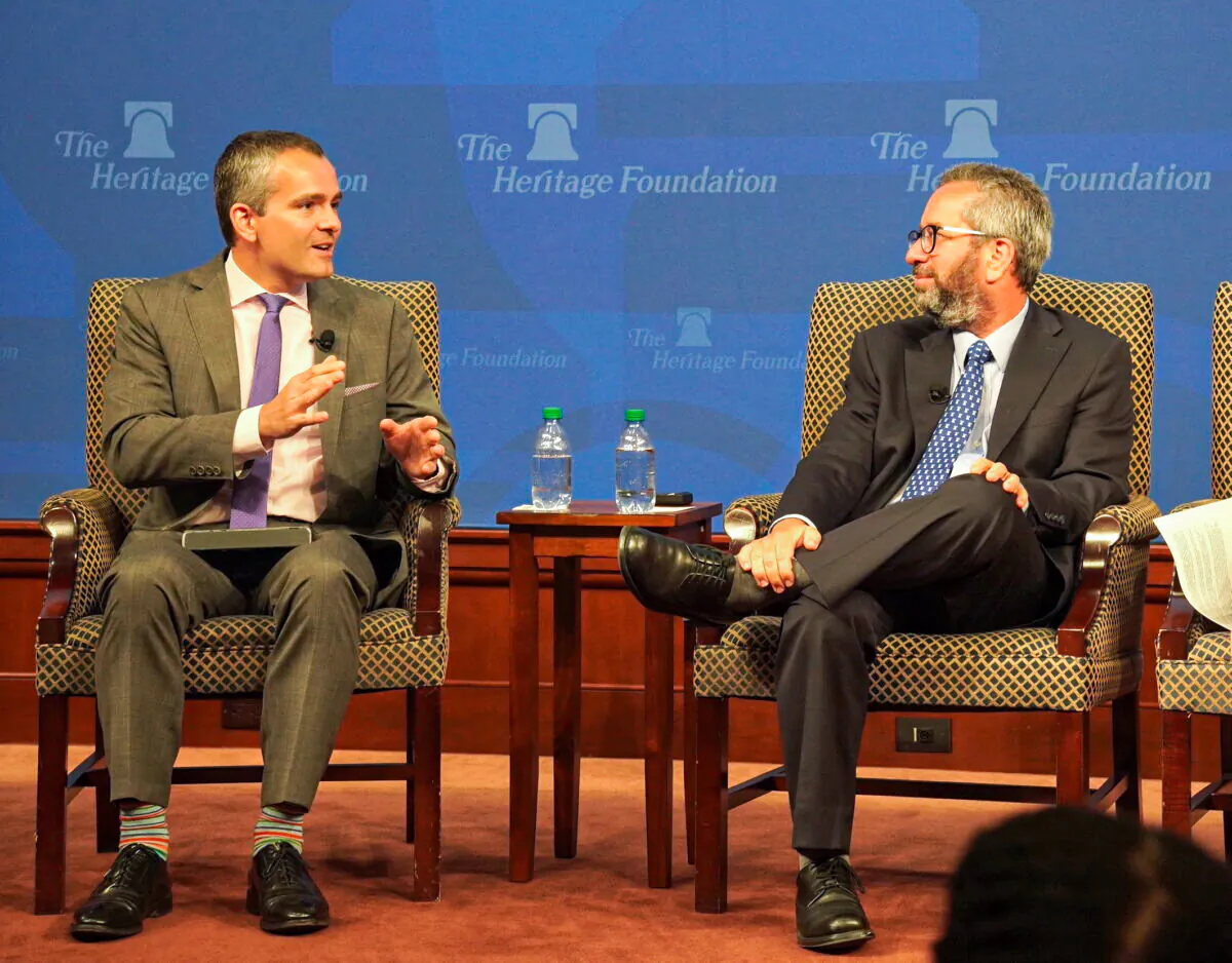 Ryan Anderson (L), president of the Ethics and Public Policy Center, with Jay Greene, a senior research fellow at the Heritage Foundation in Washington on June 14, 2022. (Terri Wu/The Epoch Times)