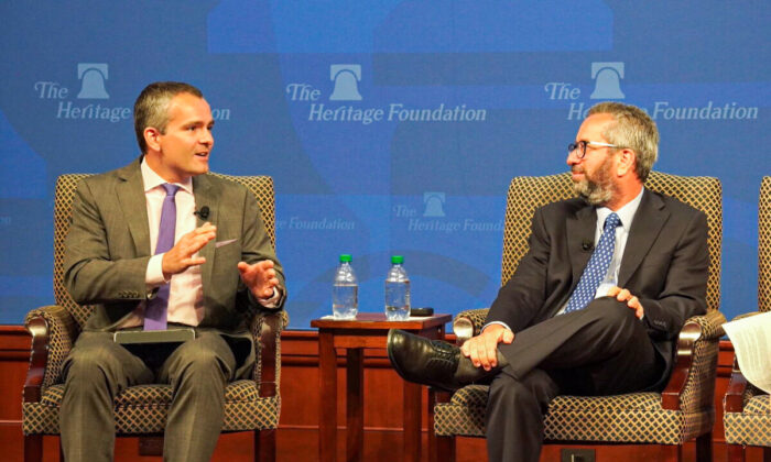 Ryan Anderson (L), president of the Ethics and Public Policy Center, with Jay Greene, a senior research fellow at the Heritage Foundation in Washington on June 14, 2022. (Terri Wu/The Epoch Times)