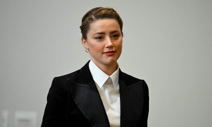 Actress Amber Heard arrives in the courtroom at the Fairfax County Circuit Court in Fairfax, Va., on May 3, 2022. (Jim Watson/POOL/AFP via Getty Images)