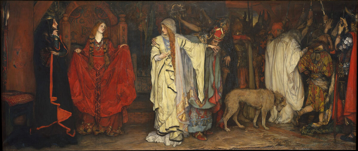 Dramatic opening scene from Shakespeare’s “King Lear” where Cordelia (standing at the center of the composition) has just been renounced by her father, the king.  "King Lear," Act I, Scene I, 1898, by Edwin Austin Abbey. Oil on canvas. Metropolitan Museum of Art, New York. (Public Domain)