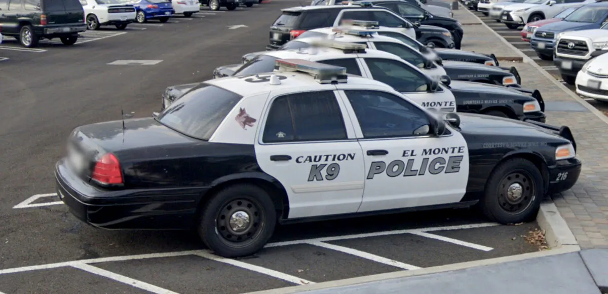 Police cars in a parking lot near El Monte Police Department in El Monte, Calif., in February 2021. (Google Maps/Screenshot via The Epoch Times)