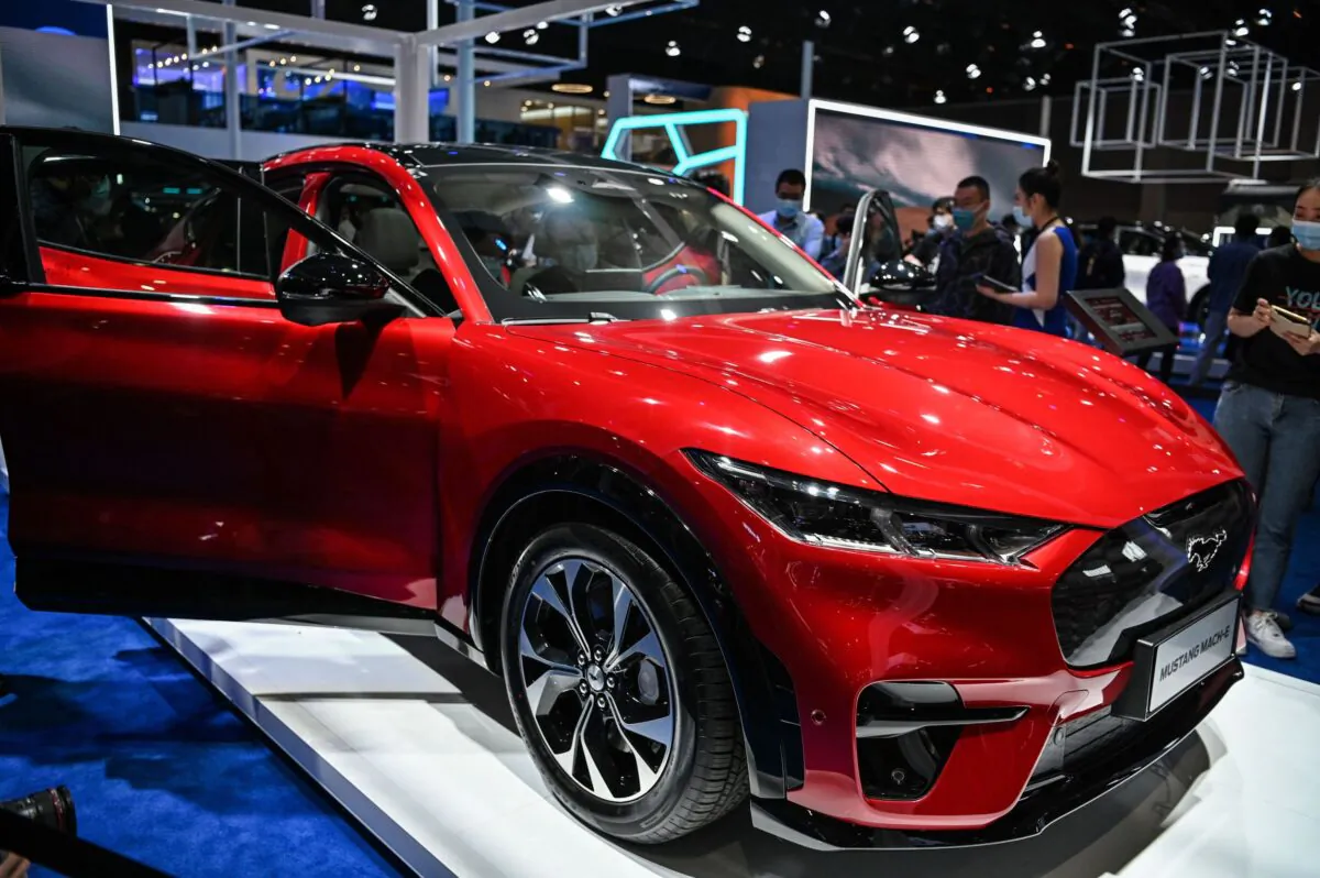 Ford Mustang Mach-E on display during the 19th Shanghai International Automobile Industry Exhibition in Shanghai, on April 20, 2021. (Hector Retamal /AFP via Getty Images)