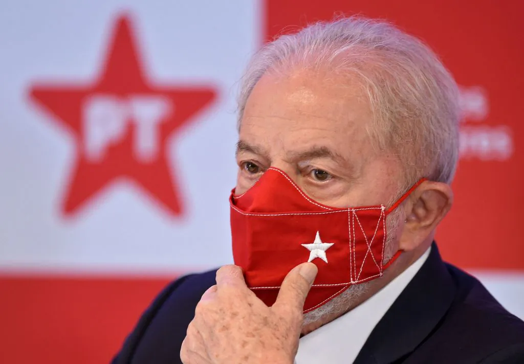 Former Brazilian President Luiz Inacio Lula da Silva wears a face mask during a press conference in Brasilia, Brazil, on Oct. 8, 2021. (Evaristo Sa/AFP via Getty Images)