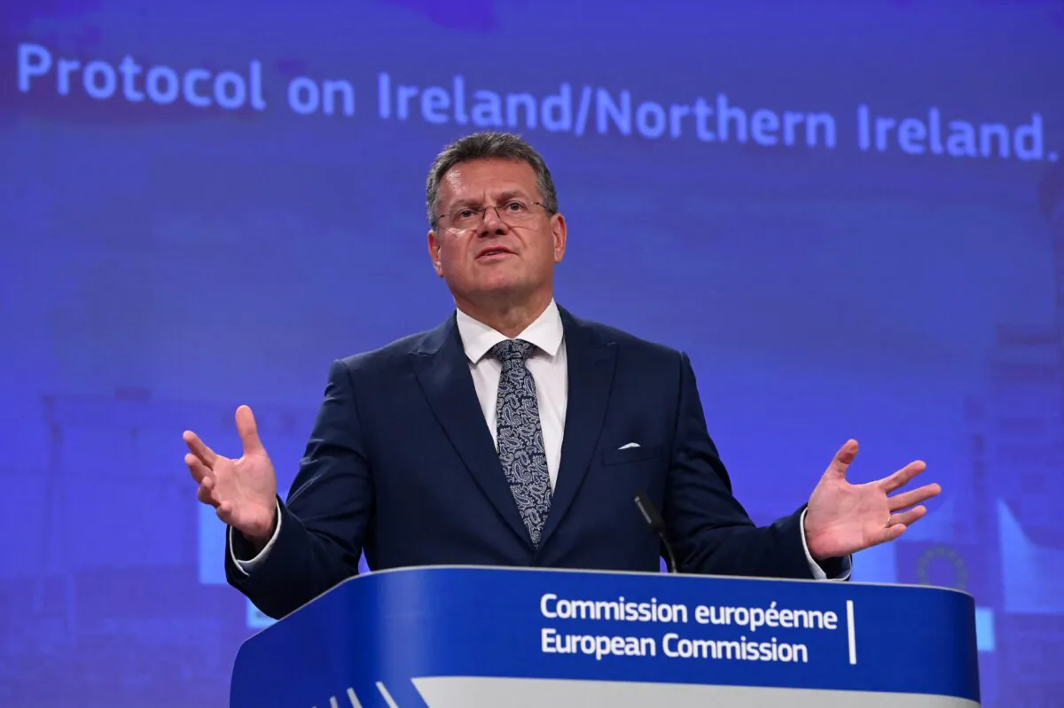 European Commission Vice-President Maros Sefcovic gives a press conference at the EU headquarters in Brussels, on June 15, 2022. (John Thys /AFP via Getty Images)