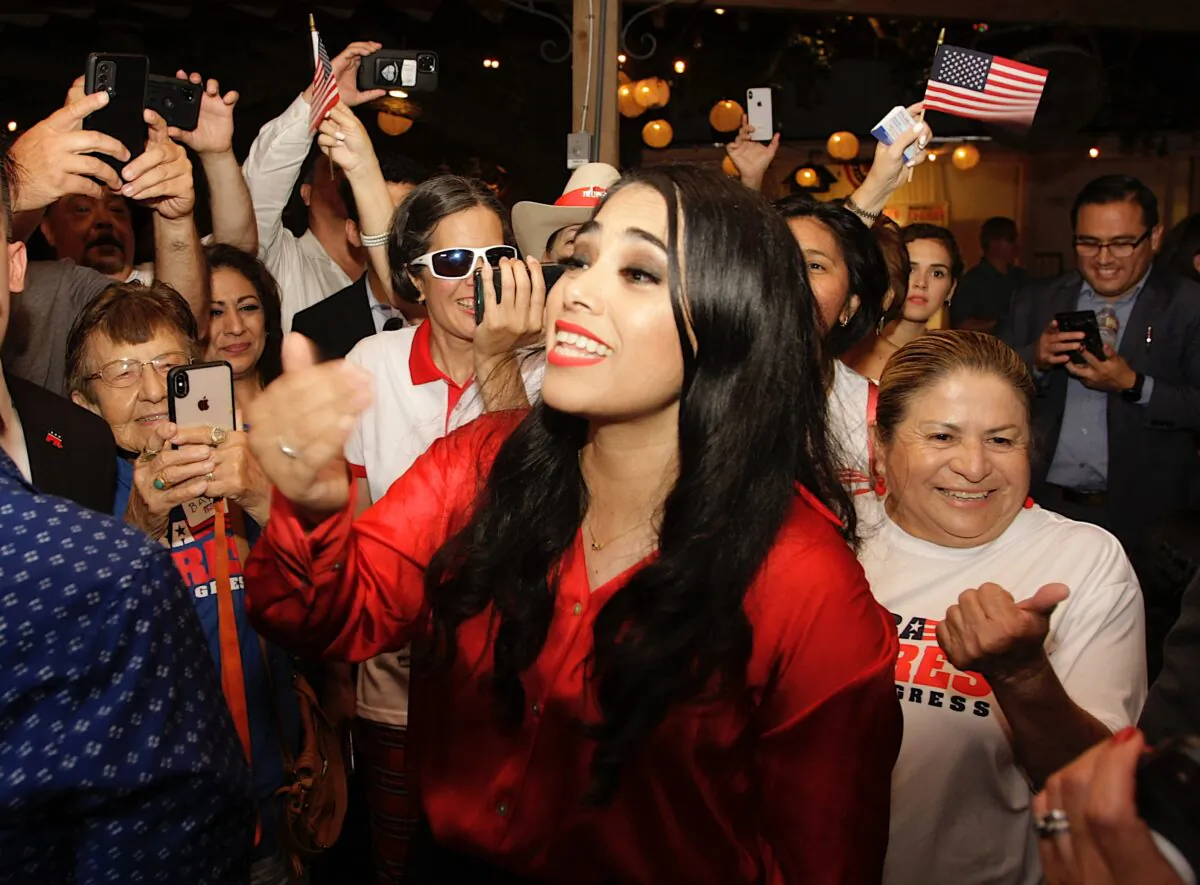 Mayra Flores (C) speaks to supporters after winning the Texas 34th Congressional District special election, in San Benito, Texas, on June 14, 2022. (Bobby Sanchez for The Epoch Times)