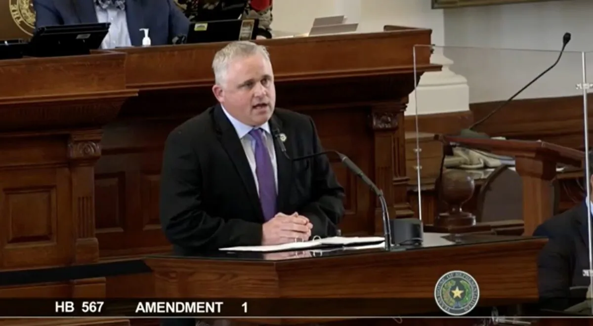 Screenshot from video on social media page of State Representative Bryan Slaton (R-Texas) where he presents Amendment 1 to House Bill 567 on April 1, 2021, which would ensure that Child Protective Services cannot remove a child from a parent due to the parent not supporting genital mutilation surgery. (With permission from Representative Bryan Slaton)