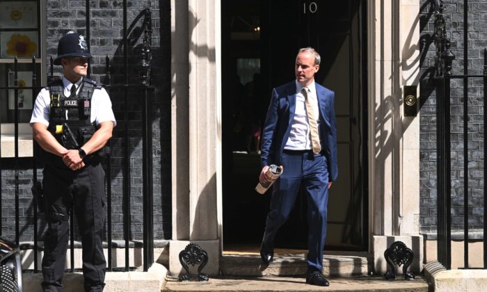 Deputy Prime Minister Dominic Raab leaves following the weekly government Cabinet meeting at Downing Street in London on May 24, 2022. (Leon Neal/Getty Images)