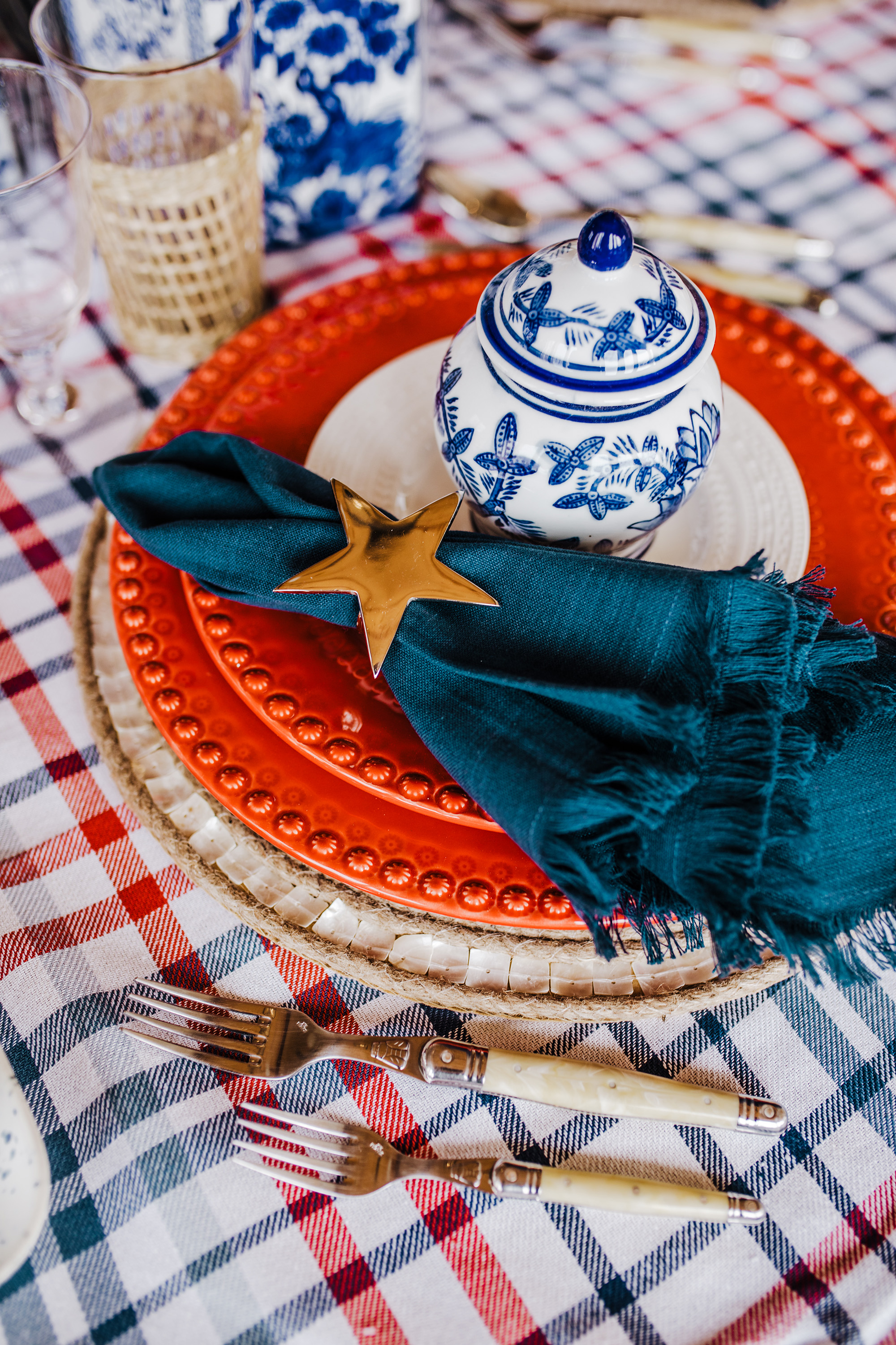 red, white, and blue tabletop