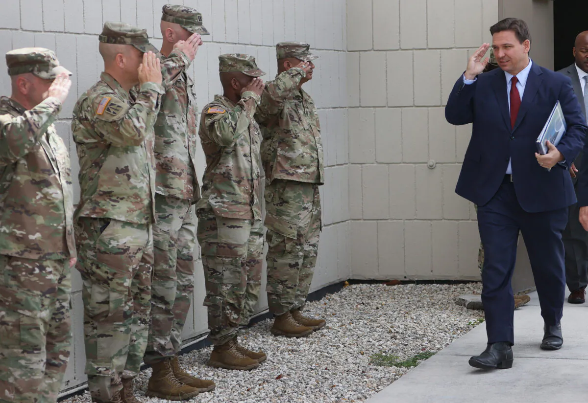 Florida Gov. Ron DeSantis arrives for a bill-signing ceremony at the Florida National Guard Robert A. Ballard Armory on June 7, 2021, in Miami. (Joe Raedle/Getty Images)