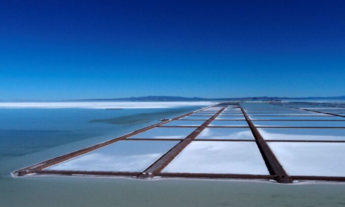 Evaporation pools for the extraction of lithium at the Salar de Uyuni, a vast white salt flat at the centre of a global resource race for the battery metal lithium, outside of Uyuni, Bolivia on March 26, 2022. (Claudia Morales/Reuters)
