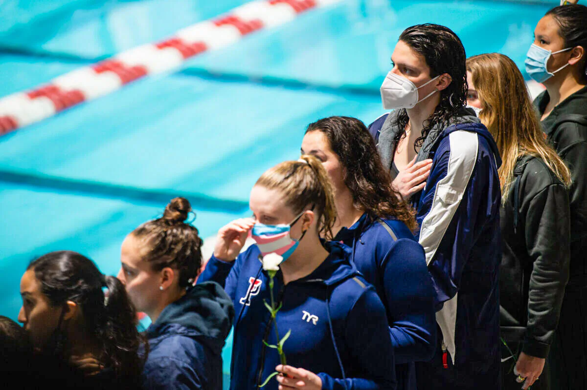 University of Pennsylvania transgender swimmer Lia Thomas (3-R) at the 2022 Ivy League Championships at Blodgett Pool in Cambridge, Mass., on Feb. 19, 2022. (Kathryn Riley/Getty Images)