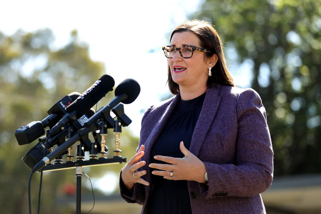 Minister for Education and Early Childhood Learning, Sarah Mitchell speaks during a press conference in Randwick in Sydney, Australia on October 18, 2021. (Photo by Brendon Thorne/Getty Images)